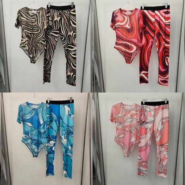 Designer Women Sexy Jumpsuits Multicolored High Waist Elastic Leggings Summer Beach Vacation Classic Short Sleeve Bodysuit