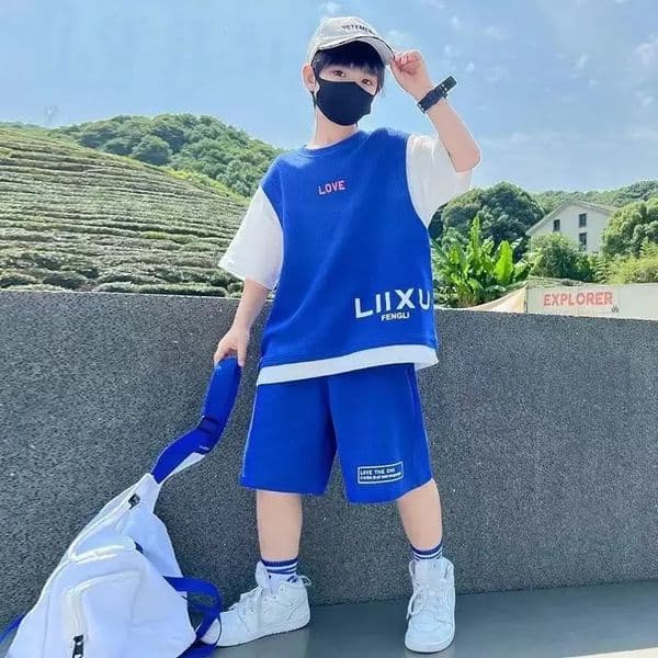 Junior Boys Summer Suit Childrens Fashion Patchwork Short Sleeve Shorts Sports Suit Clothing 3-14Y Trend 260512