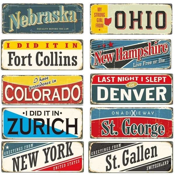 Retro City Name Metal Tin Sign Plate Retro Manchester New York Zurich Texas Denver Ohio License Metal Plaque Home Bar Decor T260512