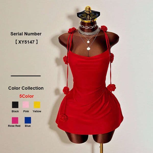 Spring summer cross-border foreign trade women's knitted dress, backless evening gown, European and American style, three-dimensional floral strap dress