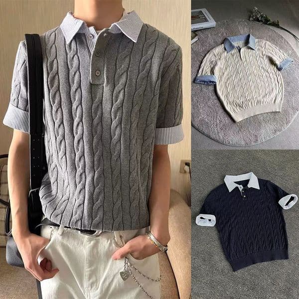Bestseller Summer Polo Shirt T-Shirt Men, New Versatile American Retro Style Fake Two-Piece Cable Knit Short-Sleeve Top For Men Ddmytues