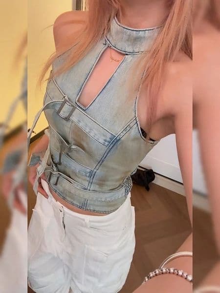 American style spicy girl n buckle strap hanging neck denim vest y2k sexy fashion slimming top for women 260512