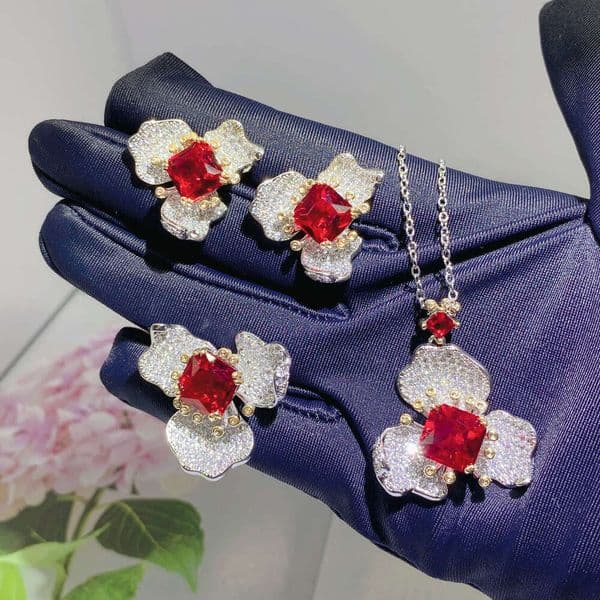 Jewelry Pigeon Blood Ruby Pendant Colorful Gemstone Earrings Open Ring High-end Chinese Red Necklace Set for Women