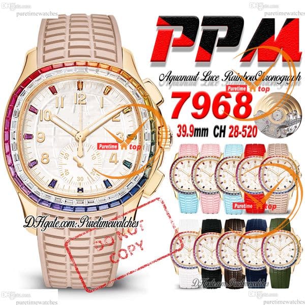 Luce 7968/300R-001 A520 Automatic Chronograph Mens Watch PPMF 39.9mm Rose Gold Rainbow Diamonds Bezel MOP Dial Beige Rubber Strap CHS Reloj Hombre Puretimewatches