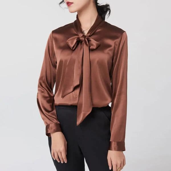 Heavyweight Mulberry Silk Shirt Womens Spring And Autumn Long Sleeve Satin Blouse Vneck Bow Ribbon 260511