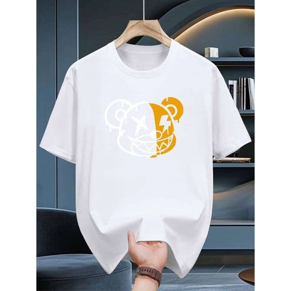 Men's summer cotton casual loose cartoon bear print comfortable sports round neck short sleeved T-shirt top