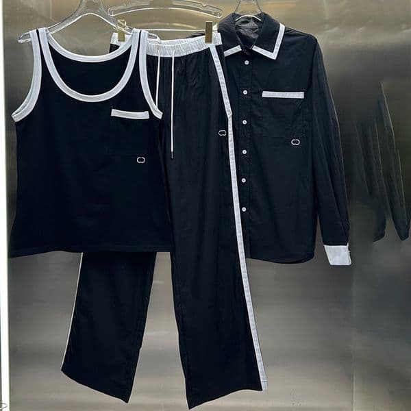 Brand Women Casual Shirts Loose Vests Wide Leg Pants Lapel Neck Vintage Blouses Drawstring Sweatpants Sporty Outdoor Breathable Tanks 3 Piece Set