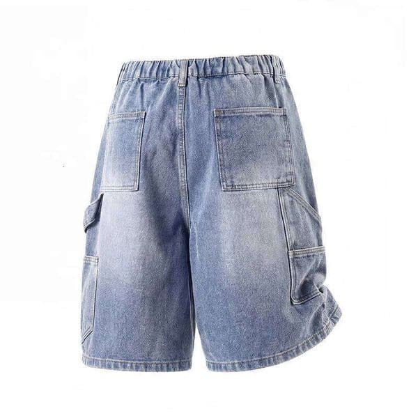 Men's Vintage Cargo Denim Loose Fit Wide Leg Casual Work Shorts Elastic Waist Streetwear Patchwork Outdoor Hiking Pants 26L0512