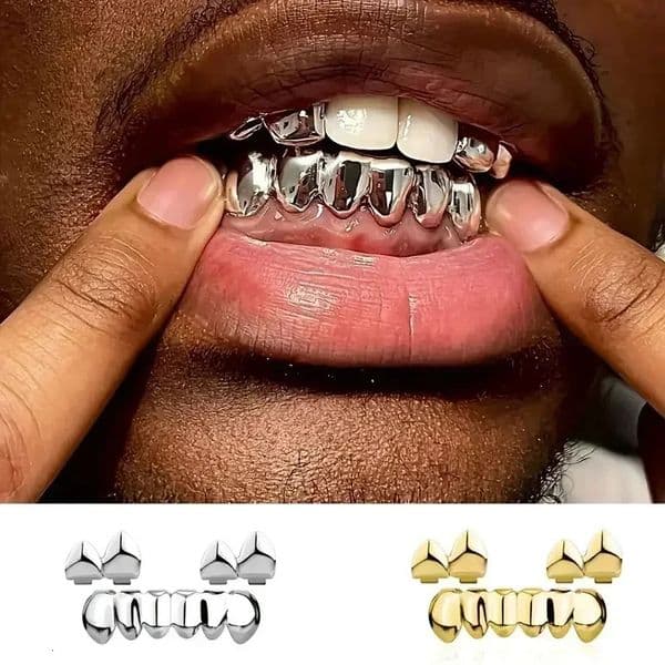 3CPS/Set Gold Silver-Plated Hip Hop Teeth for Mouth Caps TopBottom Grill Set Teeth for Halloween Party Sets260428