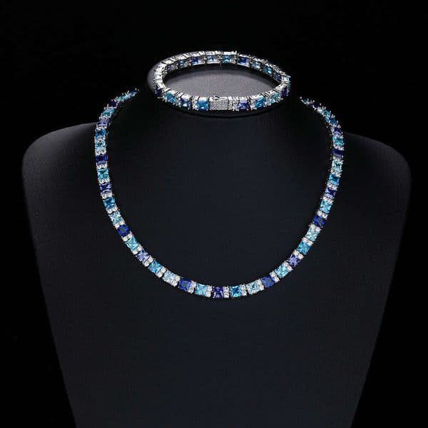 2025 Summer Hot-Selling Square Colorful Zircon Tennis Chain Hip-Hop Style Electroplated Eco-Friendly Copper Necklace Trendy Jewelry
