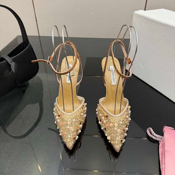 Luxury Transparent Mesh Rhinestone Pumps Sexy Pointed Toe Stiletto Heel Ankle Strap Sandals Women Elegant Banquet Party Dress Shoes 260512