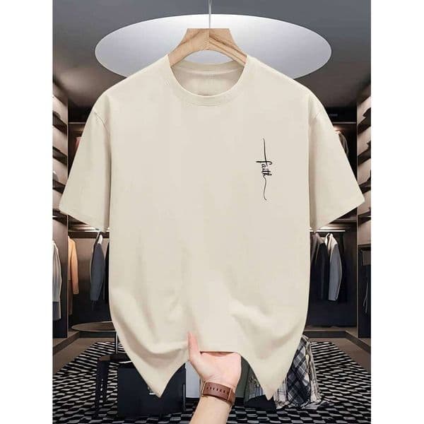 100% pure cotton men's casual loose fashion faith pattern print breathable sports short sleeved round neck T-shirt top