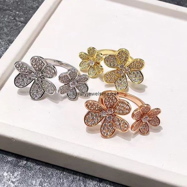 Van cleeff V Gold High-End Version Arpels Kaleidoscope Full Diamond Ring 18K Gold Four-Leaf Clover Open Ring Diamond Live Stream