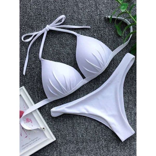 2025 Halter Bra Cup Sexy Swimsuit Female White Swimwear Women Push up Bikini set Brazilian Bathing Suit Bandeau Swim suit 26W0512