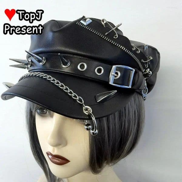 Berets Goth Punk Subculture Studded Leather Buckle Hat Street Style Edgy Fashion Women's Y2K Chain Motorcycle Cap