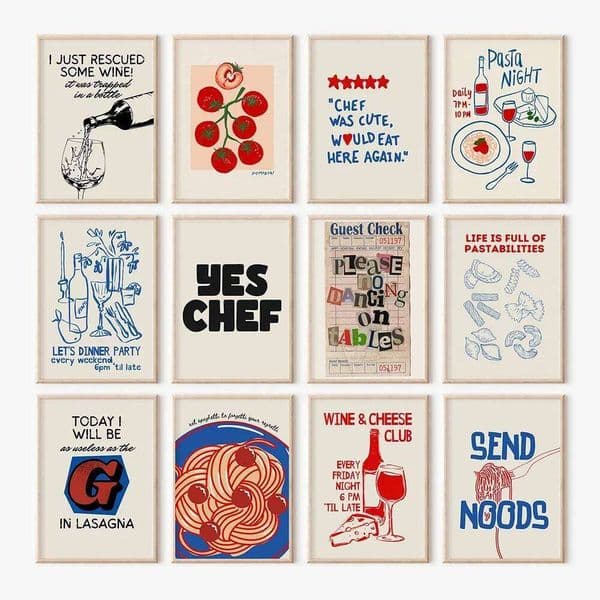 Wine & Cheese Noodles Wall Canvas Painting Modern Aesthetic Posters Prints Art for Dorm Kitchen Bar Club Home Decor Unframed 26W05012