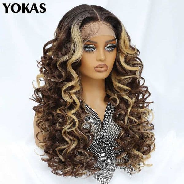 Lace Front Wigs 13X5X1 Latisha Synthetic HD Curly Pre Plucked Lace Front Wigs With Bangs For Afro Women Highlight With Baby HairL260423