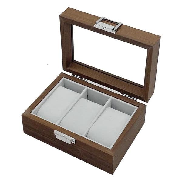 WELLZONE 3 Slot Retro Walnut Wood Grain Wooden 3 Position Watch Storage Gift Boxes Watch Collection Storage Box 260511