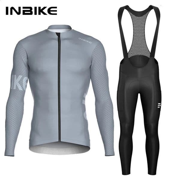 INBIKE Mens Cycling Set Long Sleeve Jersey Bib Pants QuickDry Road Bike Suit with Pockets Spring Autumn Cycling Clothing Man 251024BJ