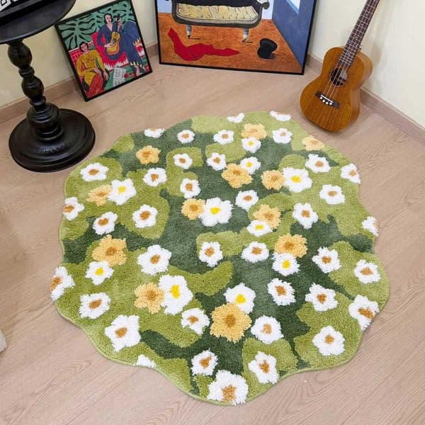 Green Meadow Daisy Tufted Rug White Yellow Flower Pattern Irregular Floor Mat Anti-Slip Soft Carpet for BedroomHome T260512