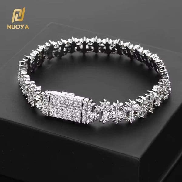 Ice with VVS moissanite 8mm Brass Iridescent Cross Design Bracelet with Silver Plated Chain Fine Jewelry Gift for Women