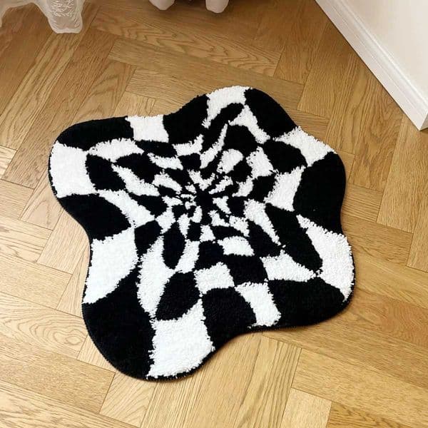 Abstract 3D Illusion Checkered Cloud Shape Tufted Rug - Handmade Modern Black and White Design - Fluid Art Porch Carpet T260512