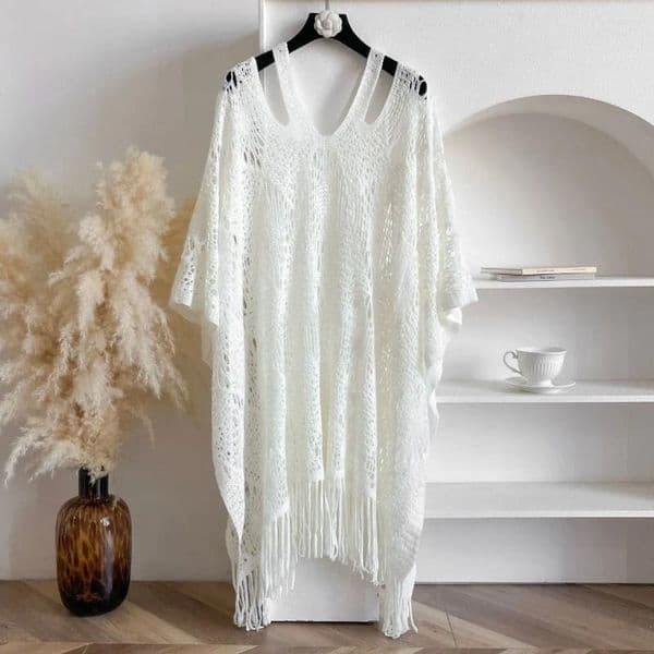 Simple Sun Protection Bohemian Shawl Tassels Plus Size Knit Hollow Out Top Loose Beach Wear Summer Cloak Women