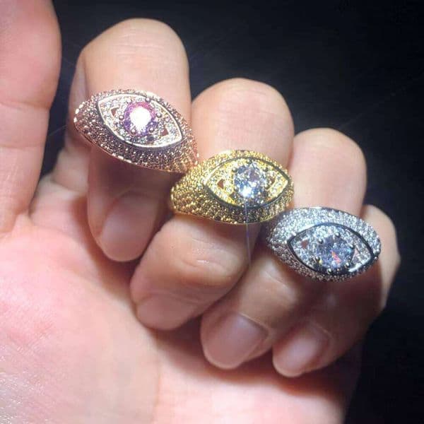 Silver Gold Rose 3 Color Micro Paved Ice with VVS moissanite 5A CZ Lucky Turkish Evil Eye Hip Hop Ring for Men