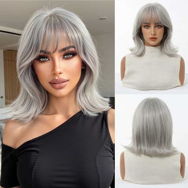 EASIHAIR Short Silver Gray Synthetic Wigs for Women Straight Bob Natural Hair Wigs With Bangs Daily Use Cosplay Heat ResistantL260423