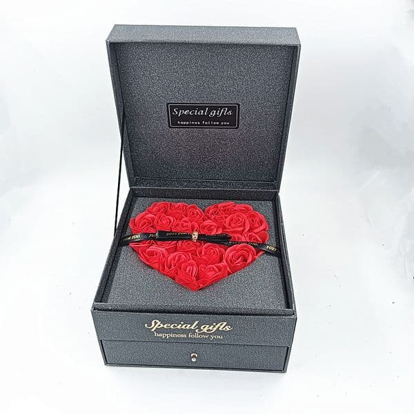 Black 2-Tier Gift Box with 22 Soap Roses, Drawer for 6 Lipsticks & Cosmetics, 20cm Valentine's Day Packaging Box