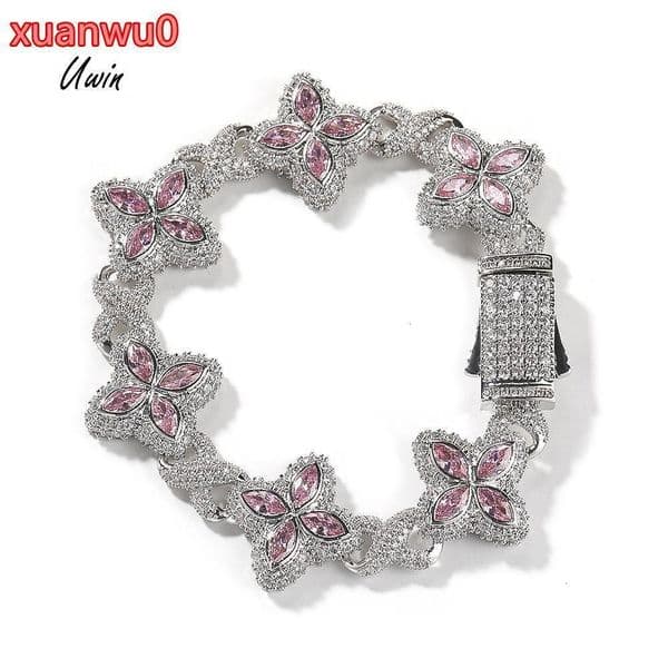 Pink Stone Clover Necklace Bracelet Jewelry Set Hip Hop Jewelry Famous Design Woman Necklace Clover Bracelet Cuban Chain