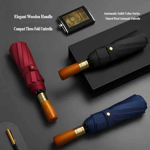 Automatic Umbrella One-Button Full Retraction 12 Ribs Antique Bronze Original Wood Handle Three-Fold High-End Business Mens Sun L260512