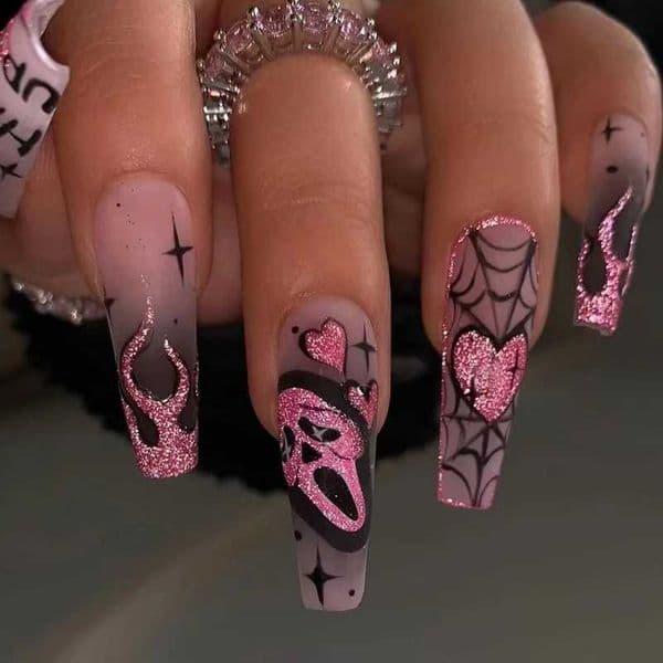 24pcs Glitter Pink Sequins Fake Nails 2025 Halloween Scary Skull Love Print False Nails Wearable European Ballet Press on Nails Z260511
