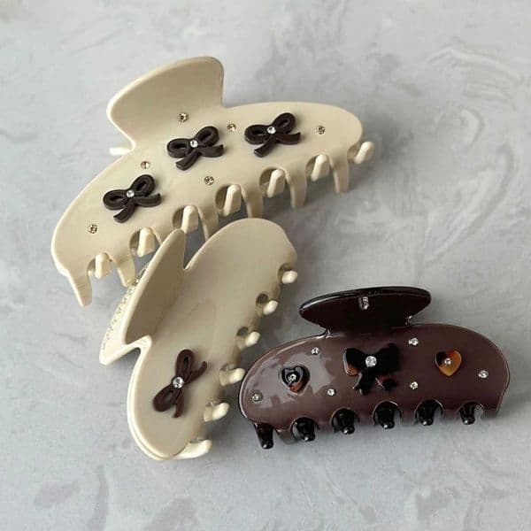 Large Cream Beige Hair Claw Clip for Women Girls Cute Bow Rhinestones Vintage Hair Accessory Big Effing Clip Autumn Winter Gifts H260513
