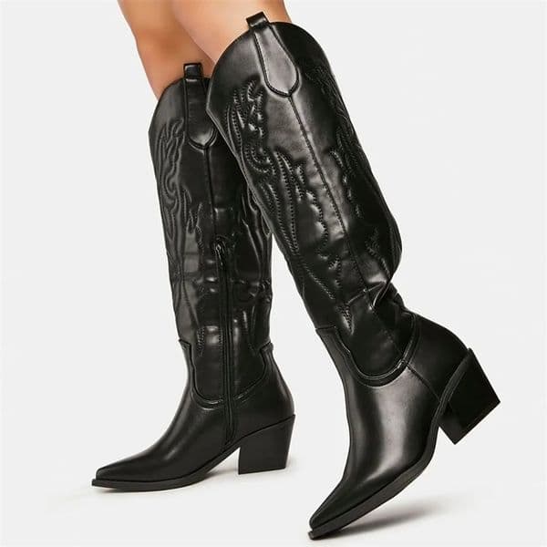 Winter Large Size 43 In Stock for Dropship Vintage Knee High Cowgirls Black Western Boots Shoes Zip up White Cowboy Boots Women 260508