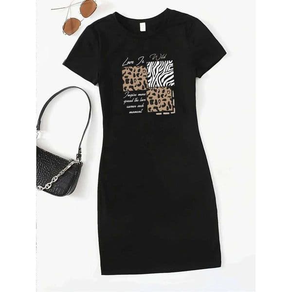 Summer Ladies Printed Casual Sexy Slim Fit Hip hugging Sleeve Round Neck T-shirt Short Mini Skirt