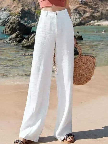 Womens Pants Summer Cotton Linen Wide Leg Pants Full Length Casual Solid White Loose High Waist Straight Trousers Women 260512