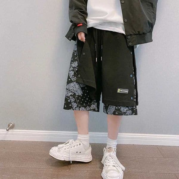 Mens Faux 2 Layer Breasted Bandana Shorts Spring Summer High Strt Pants Oversize Paisley Harajuku Hip Hop Trousers 2025 Z1 L260513
