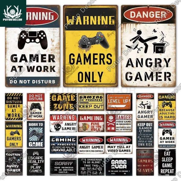 Putuo Funny Metal Vintage Tin Sign Gamer At Work Retro Signs for Home House Club Game Room Man Cave Wall Decor 26L0513