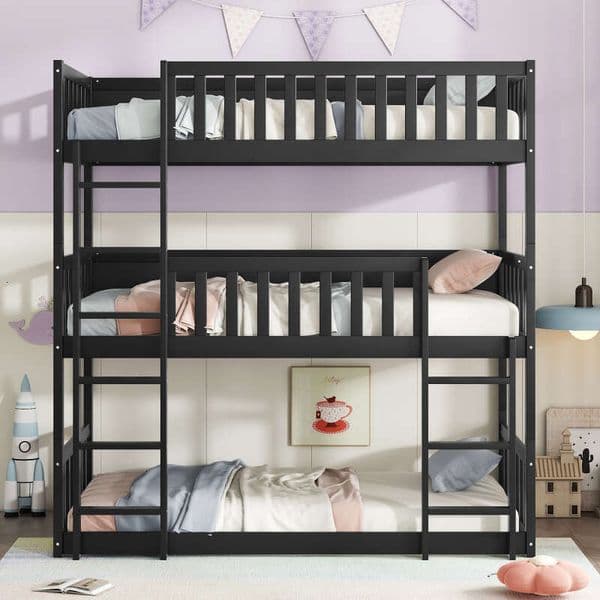 Size Triple Rubber Wood with Ladders, Guardrails Detachable Bunk Bed, Twin over Twin,,Black