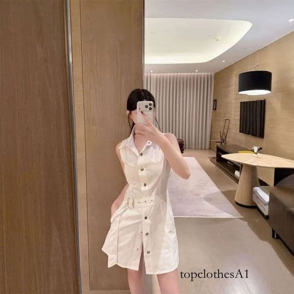 Workwear Embroidered Sleeveless For Women Summer Waist Cinching Slim Fit Collared Single Breasted Belted Shirt Style Short Dress Makoufei