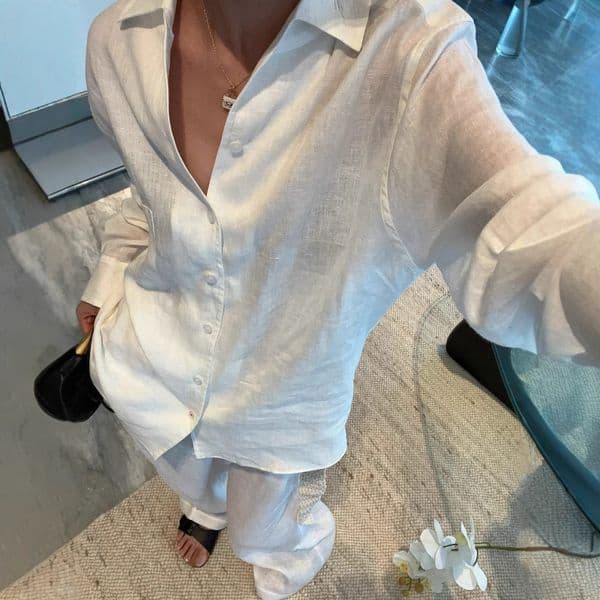 Simple blue and white linen for women, 2025 high-quality textured old money style, casual loose long-sleeve shirt