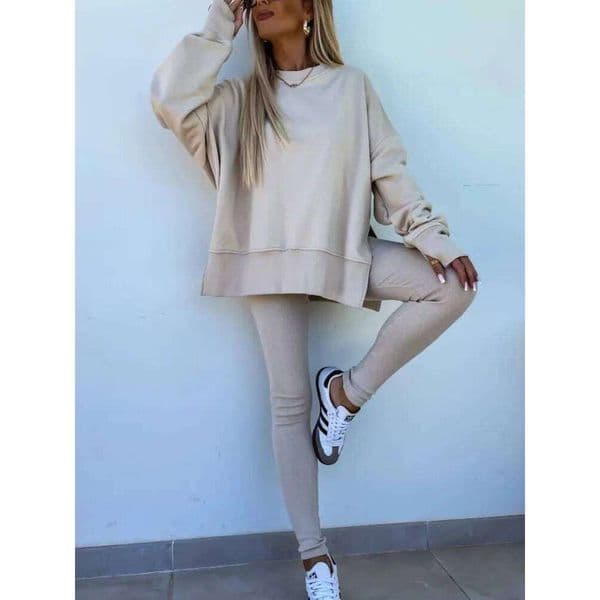 New Spring And Autumn Casual Tight Trousers Set Women S Loose Round Neck Long Sleeved Split Sweatshirt Slim Pants Two Piece Sets