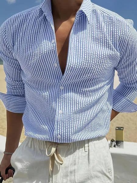 Mens Long Sleeve Striped Shirt with Loose Fit Stylish Comfortable Casual Wear for All Seasons Ideal Outdoor Activities 260513