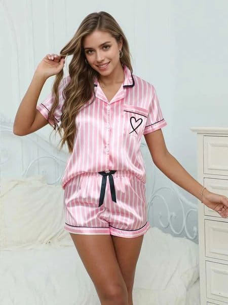 Luxury Designer room Decor Lingerie Cozy Satin Womens 2Pcs Pajama Set Pink Stripe Print Shortsleeve Lapel Top And Shorts Smooth Texture Soft 2
