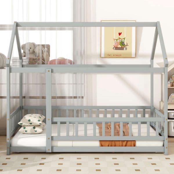 Twin Size House Floor Wooden Bed with Roof Frame,Safety Guardrails,Grey