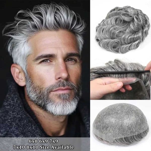 6x8/7x9/8x10 Grey Full PU Men Toupee Human Hair Knotless V Loop Skin Toupee Hairpiece Mens Capillary Prosthesis Hair System Z260513