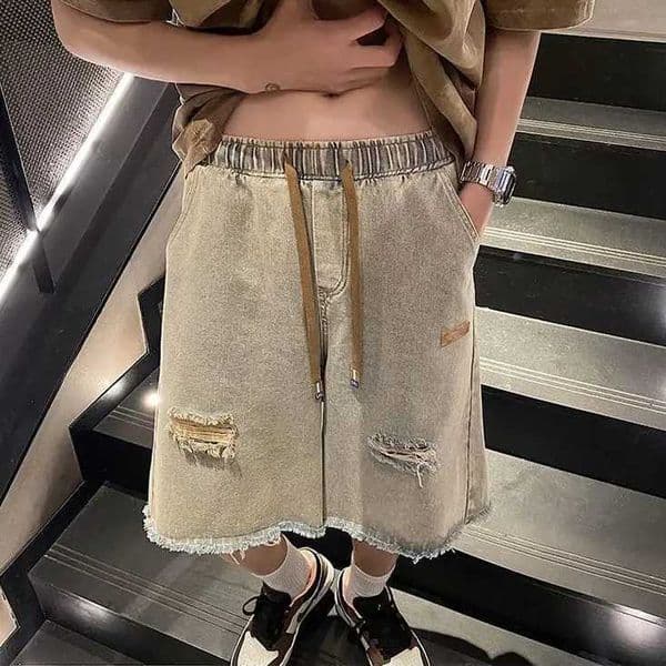 Mens New Style Spliced button Zipper Pockets Fashionable Loose Versatile Casual Denim Shorts L260513
