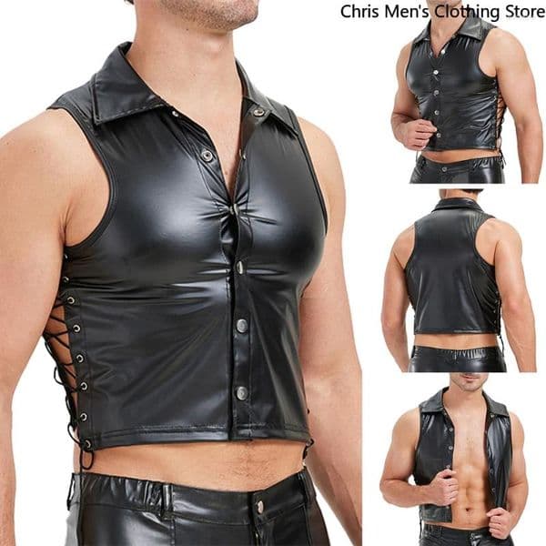 Men's Tank Tops Side Tie Up Shirt Imitation Leather Casual Party Attire Comfortable Fit Vests Stretchy Waist Sexy Shorts
