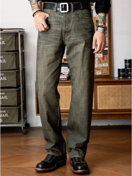 Red Tornado Mud-Dyed Selvedge Denim Distressed Jeans Green Vintage Wash Mens Straight Leg Pants 260512